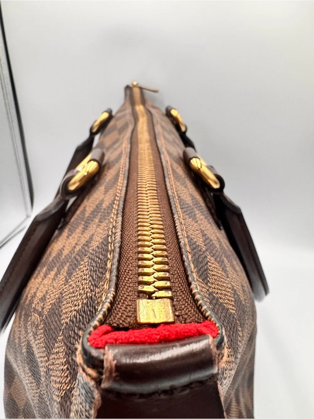Authentic Louis Vuitton Saleya MM Damier Ebene Tote Bag Red Interior